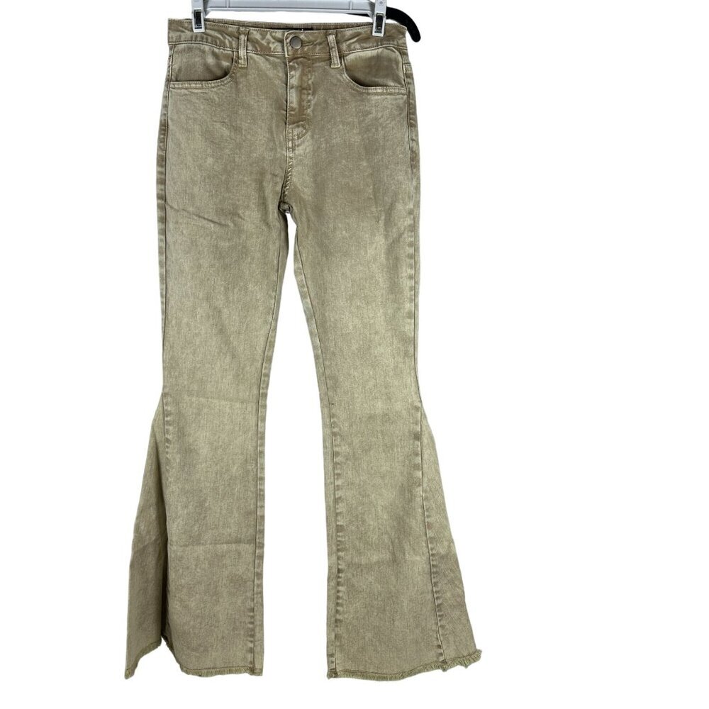 Blue B Collection Womens Tan Bell-Bottom Jeans With Frayed Hem Size S
